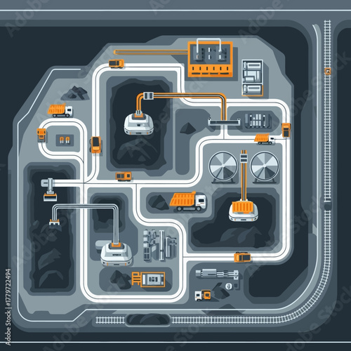 Aerial top-down view of an industrial open-pit mine showing the entire process from extraction to transport.