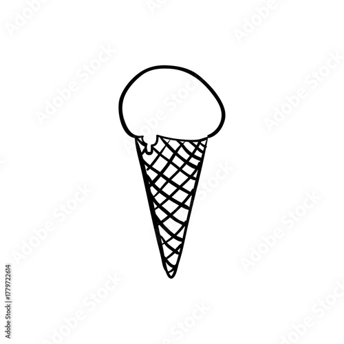 Simple hand-drawn illustration of a classic frozen dessert in a waffle cone, representing a sweet summer treat