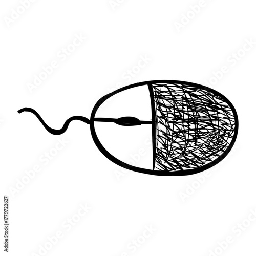 Hand-drawn illustration of a computer mouse with scribbled details for tech design and digital devices