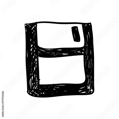 Doodle of a vintage floppy diskette save button icon. Hand-drawn data storage media illustration