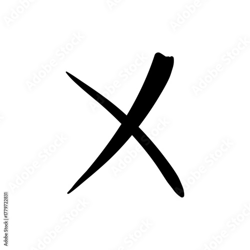 Hand-drawn black X mark, a grunge cross symbol for voting, error, or rejection, isolated on a white background