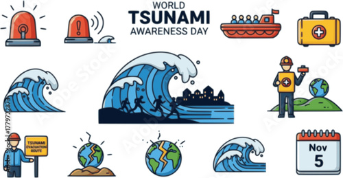 World tsunami awareness day illustration, silhouette of people helping each other during a tsunami
