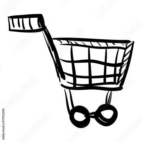 Black and white doodle illustration of a supermarket trolley, a symbol of retail and commerce