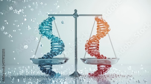 A balanced scale displays blue and orange DNA strands, symbolizing genetic equilibrium and scientific innovation.