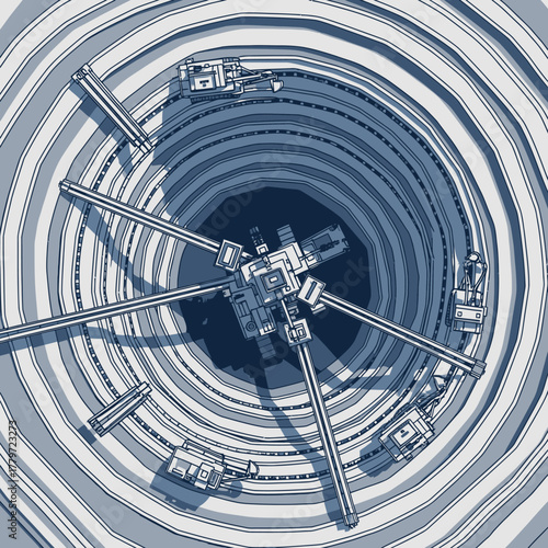Aerial top-down illustration of a futuristic open-pit mine with large industrial excavation machines.