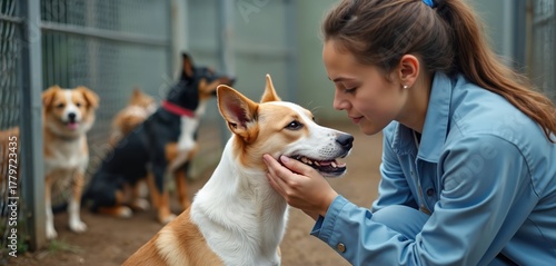 Young woman interacts with rescued dog at animal shelter. Gently pets happy canine, showing love, comfort. Dogs wait behind fence, hoping for adoption. Scene shows care for homeless pets.