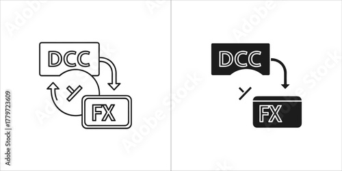 Icons illustrating currency exchange and foreign exchange services, with dcc and fx labels