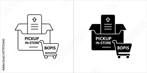 Buy online pickup in store bopis icon, shopping cart and box with document