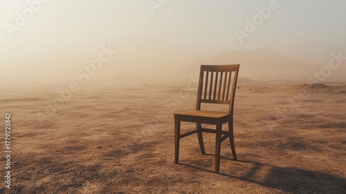 A solitary wooden chair in a barren landscape, surrounded by mist, evoking feelings of isolation and contemplation.