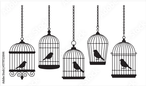 Black silhouette of caged birds for vintage decor concept