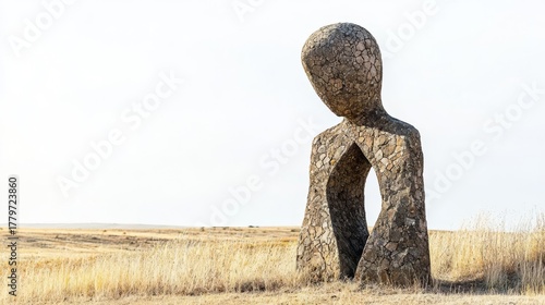 An impressive stone sculpture situated on a grassland under clear blue skies.