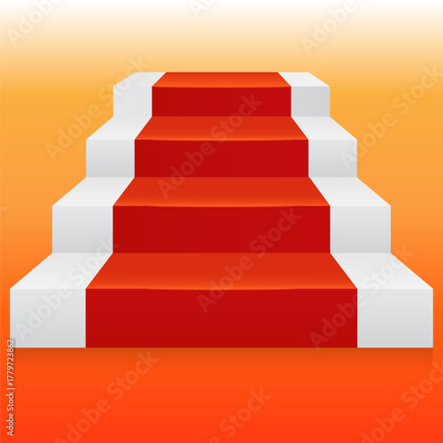 Stairs up are covered with red carpet.