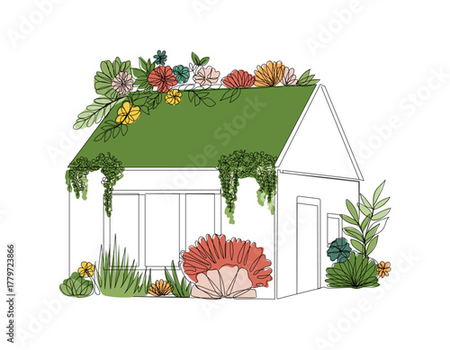 Continuous line drawing of house with flowers on a roof. Concept of eco-living, harmony with nature, and sustainable architecture. Vector illustration