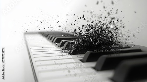 A creative explosion of sound particles bursting from a piano keyboard, representing artistic energy and musical creativity.