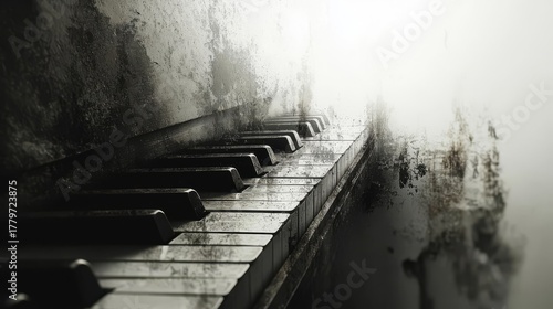 An abandoned piano with weathered keys, evoking nostalgia and the passage of time in a foggy environment.