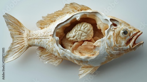 Intriguing art piece showing a fish with its brain exposed, blending nature and creativity in a thought-provoking way.