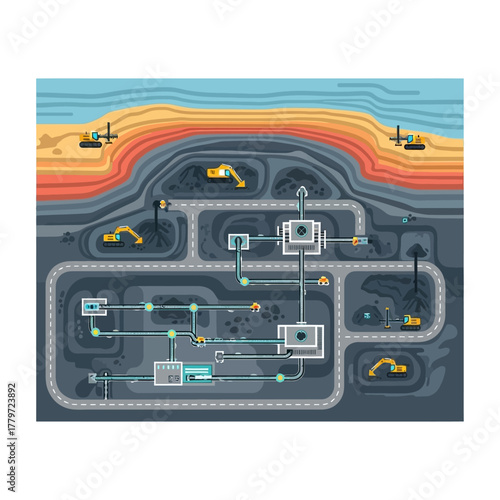 A detailed vector illustration showing a cross-section of an open-pit mine with heavy machinery, infrastructure, and processing facilities.