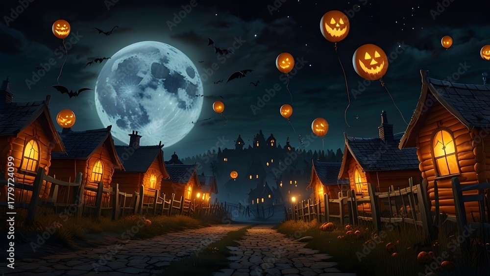 Fototapeta premium A spooky Halloween night with glowing pumpkin-shaped balloons floating above a haunted village, lit by a full moon.