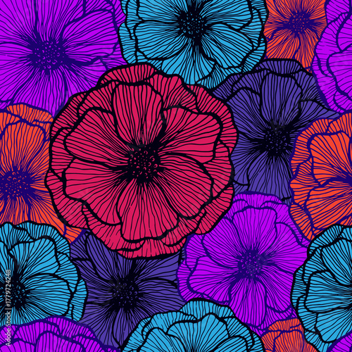 Naive poppy floral summer vector seamless pattern. Doodle line texture blossom petals. Field poppy flower wrapper print design. Bouquet flower colorful wallpaper. Nature shape repeat backdrop.
