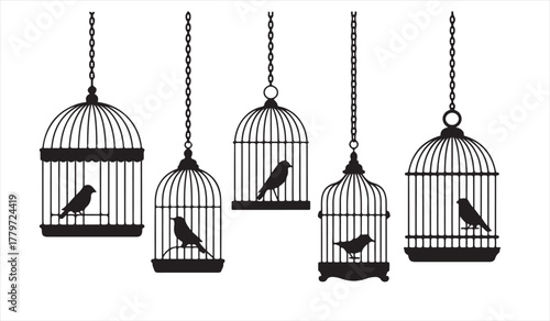Minimal vector of songbirds perched in classic decorative cages