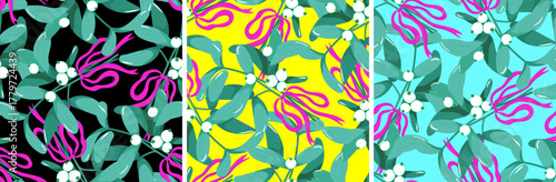 bright love kiss mistletoe pink bows set posters seamless christmas pattern flat graphic decoration print new year wallpaper background