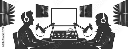 Podcast recording studio with man and woman podcasting concept
