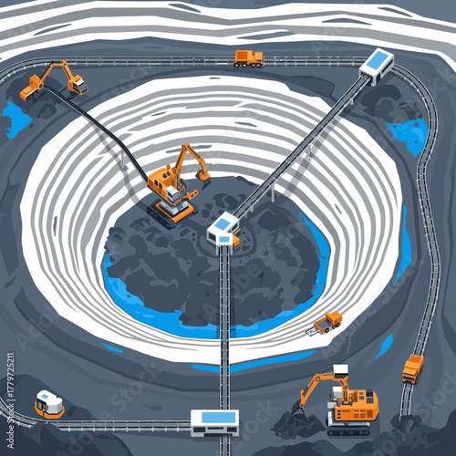 Isometric illustration of an open-pit mine with excavators, dump trucks, and conveyor belts for ore extraction.