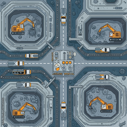Aerial view of a complex industrial site with multiple excavators in pits, connected by roads with vehicles, centered around a control hub.
