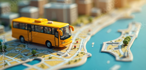 Fototapeta Naklejka Na Ścianę i Meble -  Close-up of miniature city map with yellow bus. Model cityscape with bus on road. Urban planning concept with transportation, buildings. Aerial view of small city with water canal. Bus on city map