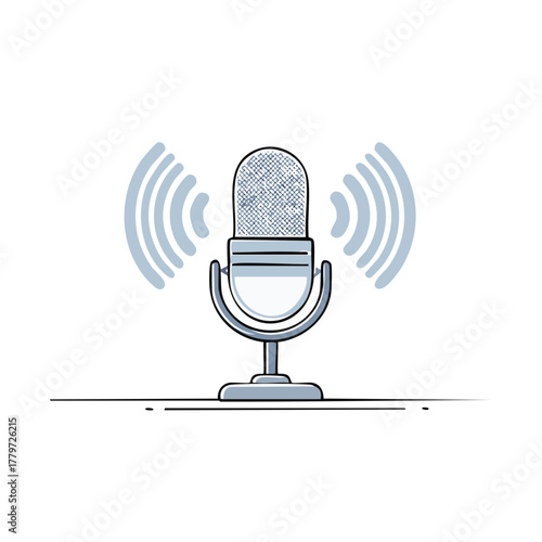 Vintage microphone broadcasting sound waves for podcasting and radio shows