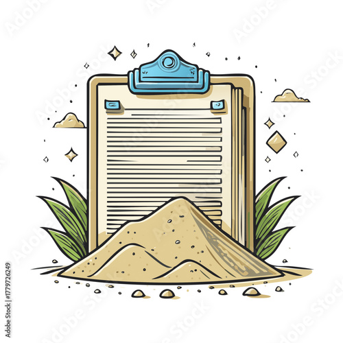 Conceptual illustration of a work clipboard and documents partially buried in a sand pile