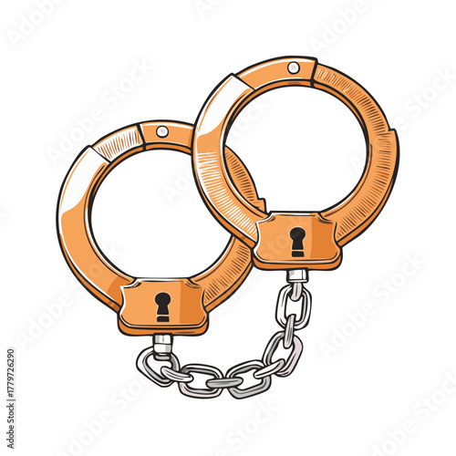 Pair of Orange Handcuffs Linked by a Metal Chain Depicted in a Cartoon Style