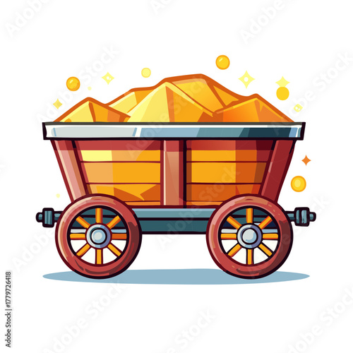 Cartoon Gold Mine Ore Cart Filled with Treasures and Glittering Gold Nuggets Ready for Transport