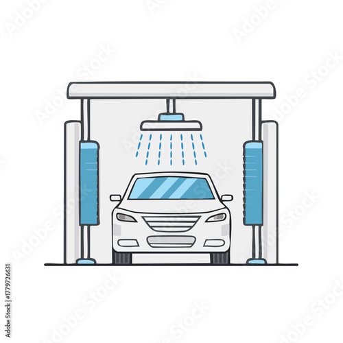 Illustrated car wash station with a white car receiving water.