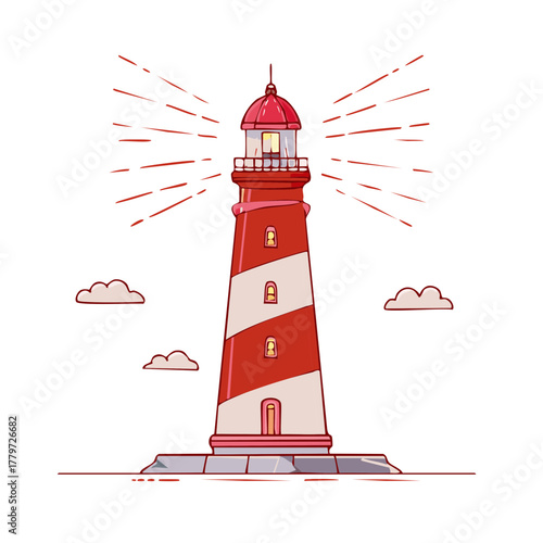 Red and white striped lighthouse with light rays and clouds