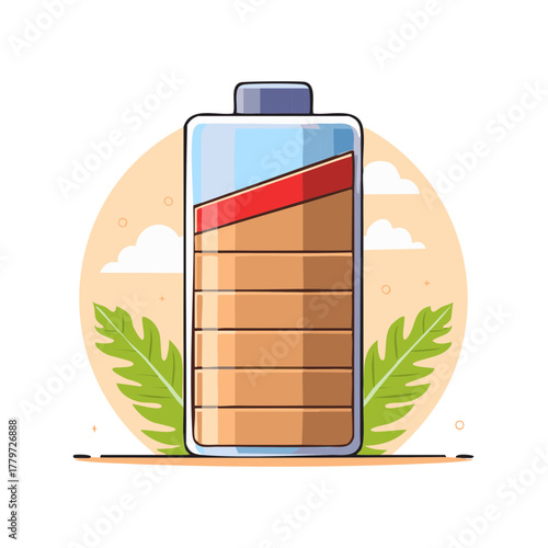 Half Charged Battery Graphic Icon Illustration with Tropical Leaf Accents