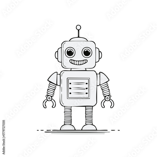 Retro robot character illustration, smiling face, cartoon style, grey and white design.