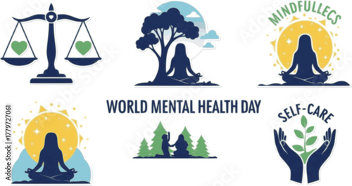 vector designs celebrating World Mental Health Day. illustrations representing emotional balance, mindfulness, self-care. icon, set
