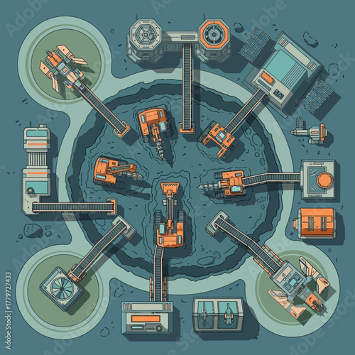 Top-down vector illustration of a futuristic mining colony with spaceships and industrial machinery around a central crater.