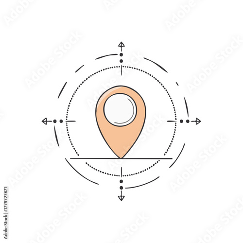 Stylized map pin and compass design with dotted circular lines and directional arrows