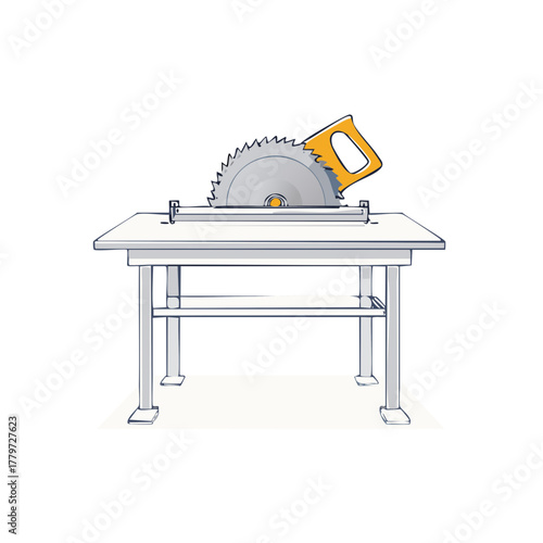 Illustrated saw blade with handle sits on a table, emphasizing woodworking concepts and shop safety in manual projects.