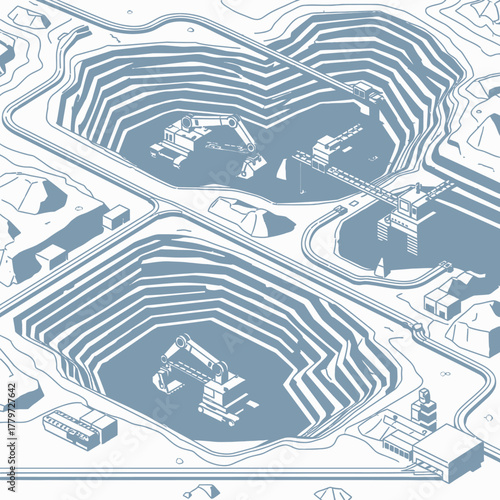 Isometric illustration of an open-pit mine with heavy machinery and infrastructure.