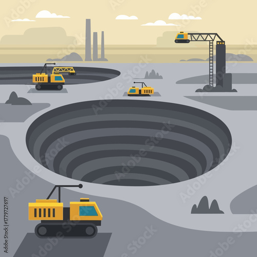 Illustration of a mine with heavy machinery and a large hole in the ground.
