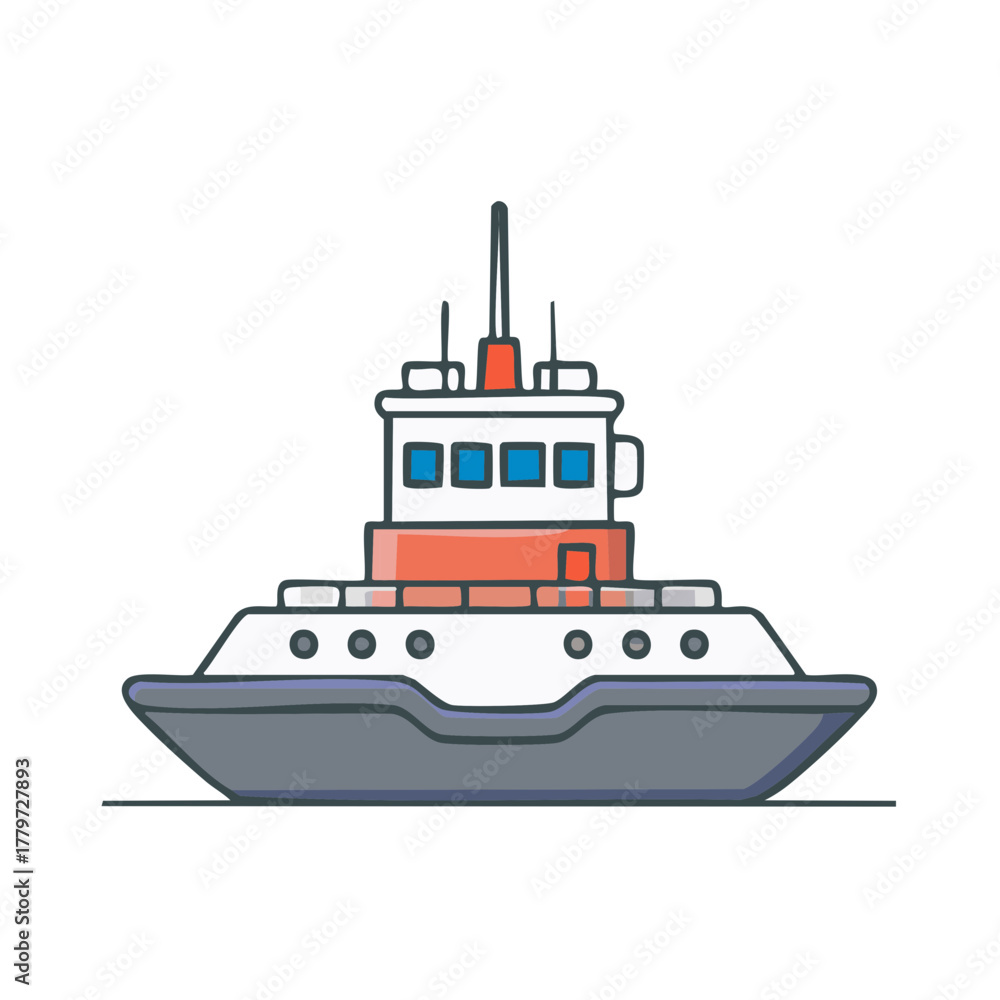 Fototapeta premium Front view of a simple tugboat with red cabin in cartoon style for graphic resources and vector icons
