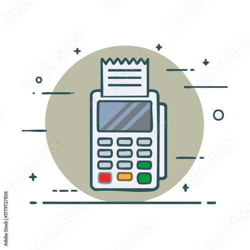 Doodle style credit card terminal machine with receipt for payment transactions