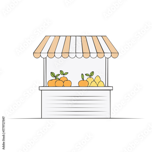 Market stall illustration featuring fresh oranges and yellow citrus fruits under striped canopy