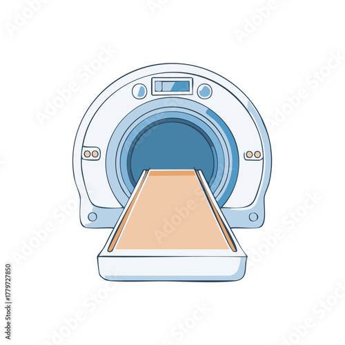 Medical MRI scanner with scanning table and digital display in a clinic or hospital setting