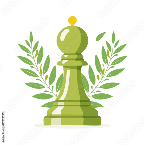 Green chess bishop game piece with olive branches flat design symbolizing strategy wisdom victory