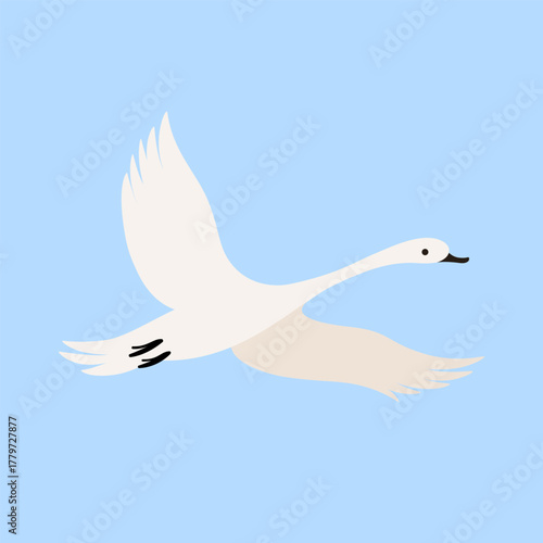 Cute swan in sky. Contour vector illustration in flat style isolated on white background.