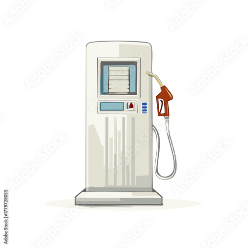 Vintage cartoon gas pump with fuel nozzle hanging by hose